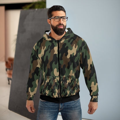 Camo Unisex Zip Hoodie, Cozy Military-Inspired Fashion, Urban Streetwear, Gift for Him or Her, Outdoor Adventures, Casual Wear - TRV