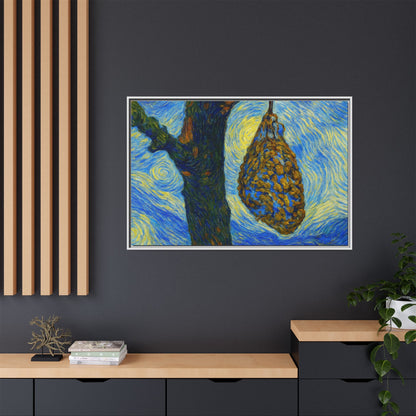 Framed Matte Canvas Art — Van Gogh-Style Swirling Night with Hanging Beehive