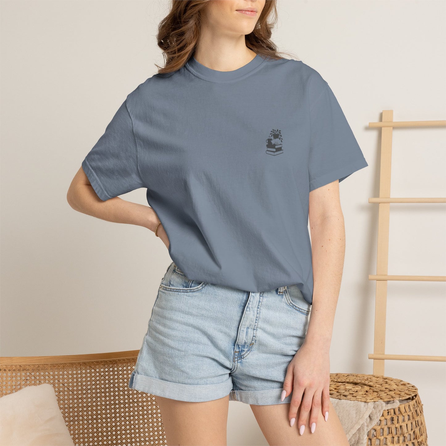 Cozy Cat on Books T-Shirt | Reading Tea Stack Illustration