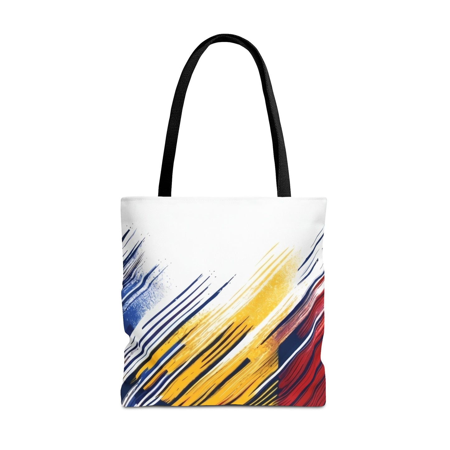 Abstract brushstroke tote bag in bold red, yellow, and blue print, stylish and spacious bag by Printify with vibrant all-over design.
