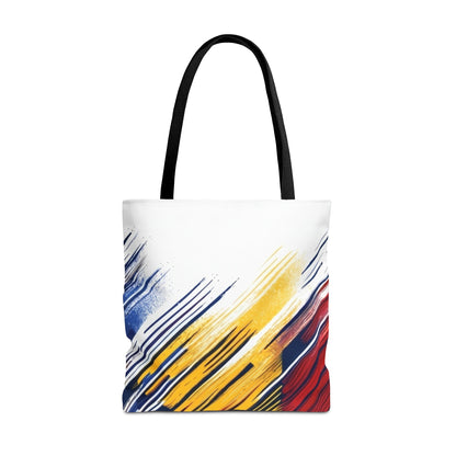 Abstract brushstroke tote bag in bold red, yellow, and blue print, stylish and spacious bag by Printify with vibrant all-over design.