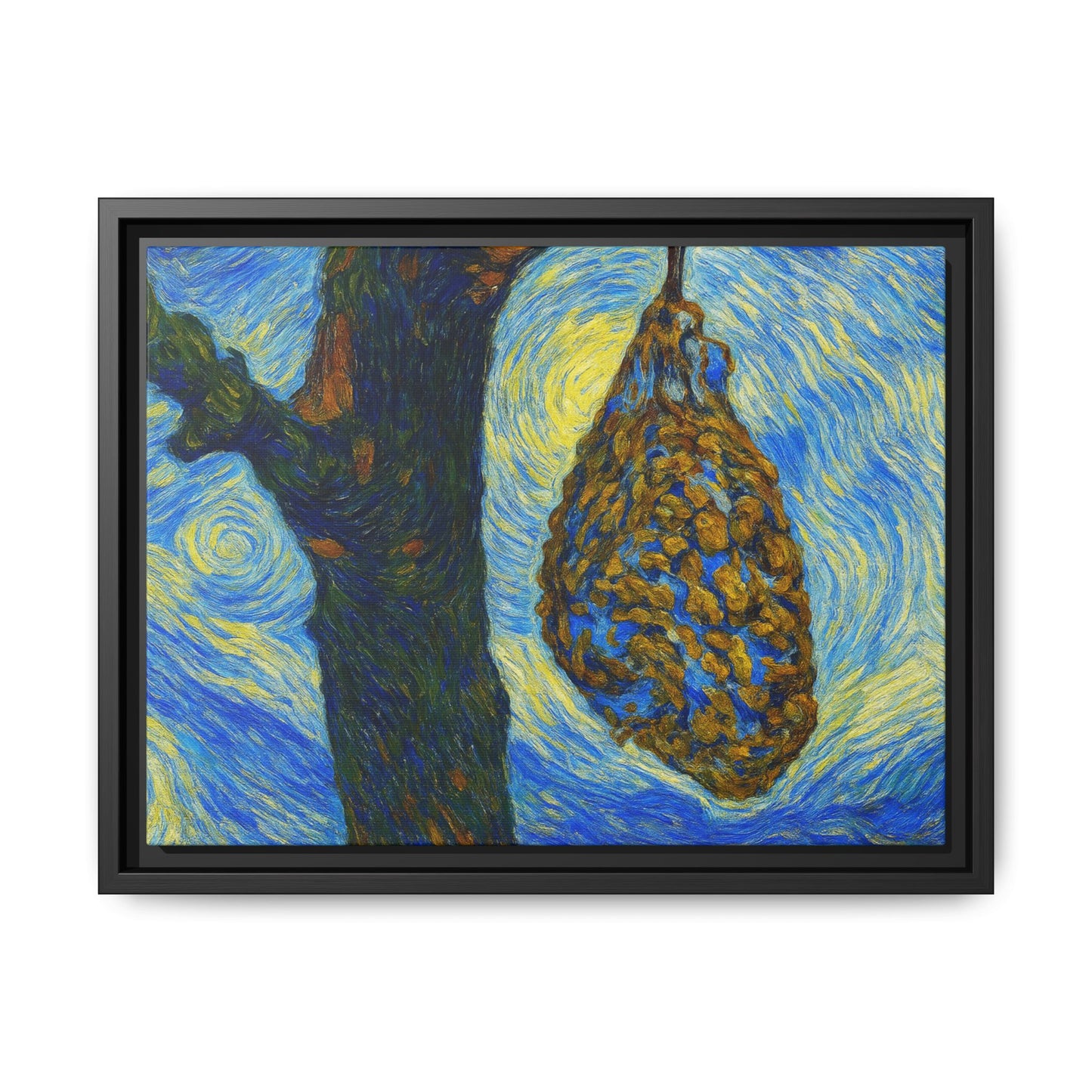 Framed Matte Canvas Art — Van Gogh-Style Swirling Night with Hanging Beehive