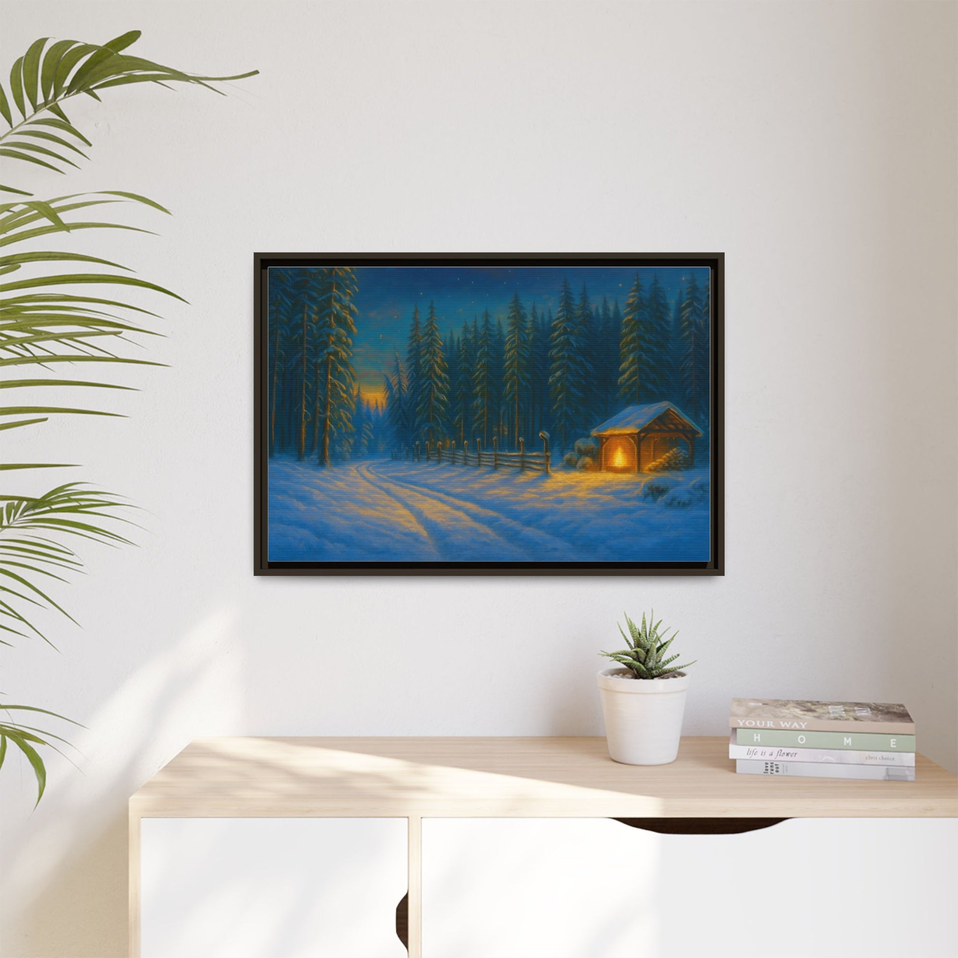 Framed Winter Landscape Canvas, Cozy Cabin Art, Christmas Decor, Winter Home Decor, Holiday Gift, Wall Art - TRV