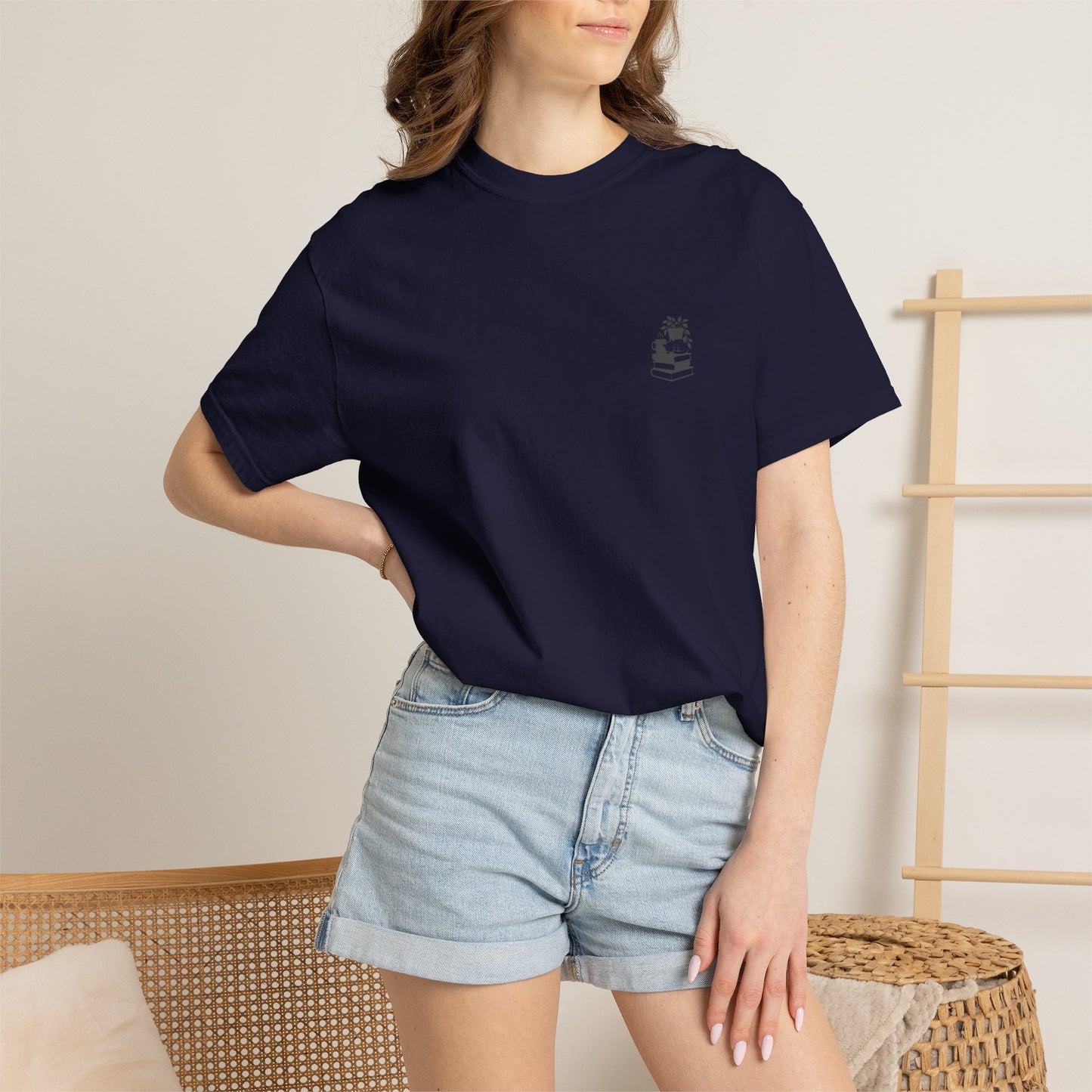 Cozy Cat on Books T-Shirt | Reading Tea Stack Illustration