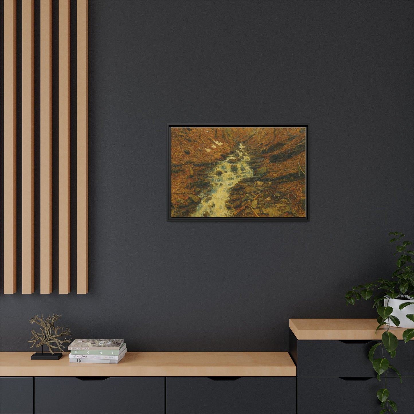 Serene Abstract Nature Canvas Art, Framed Wall Decor, Rustic Home Accent, Earthy Tone Artwork, Tranquil River Scene - TRV