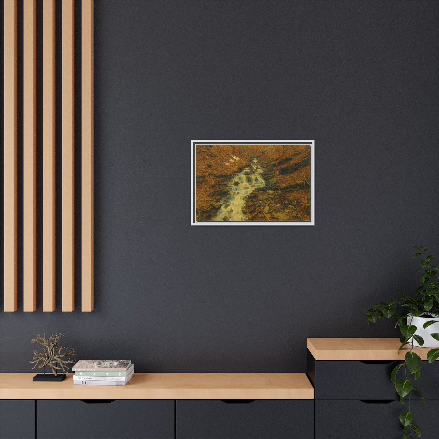 Serene Abstract Nature Canvas Art, Framed Wall Decor, Rustic Home Accent, Earthy Tone Artwork, Tranquil River Scene - TRV