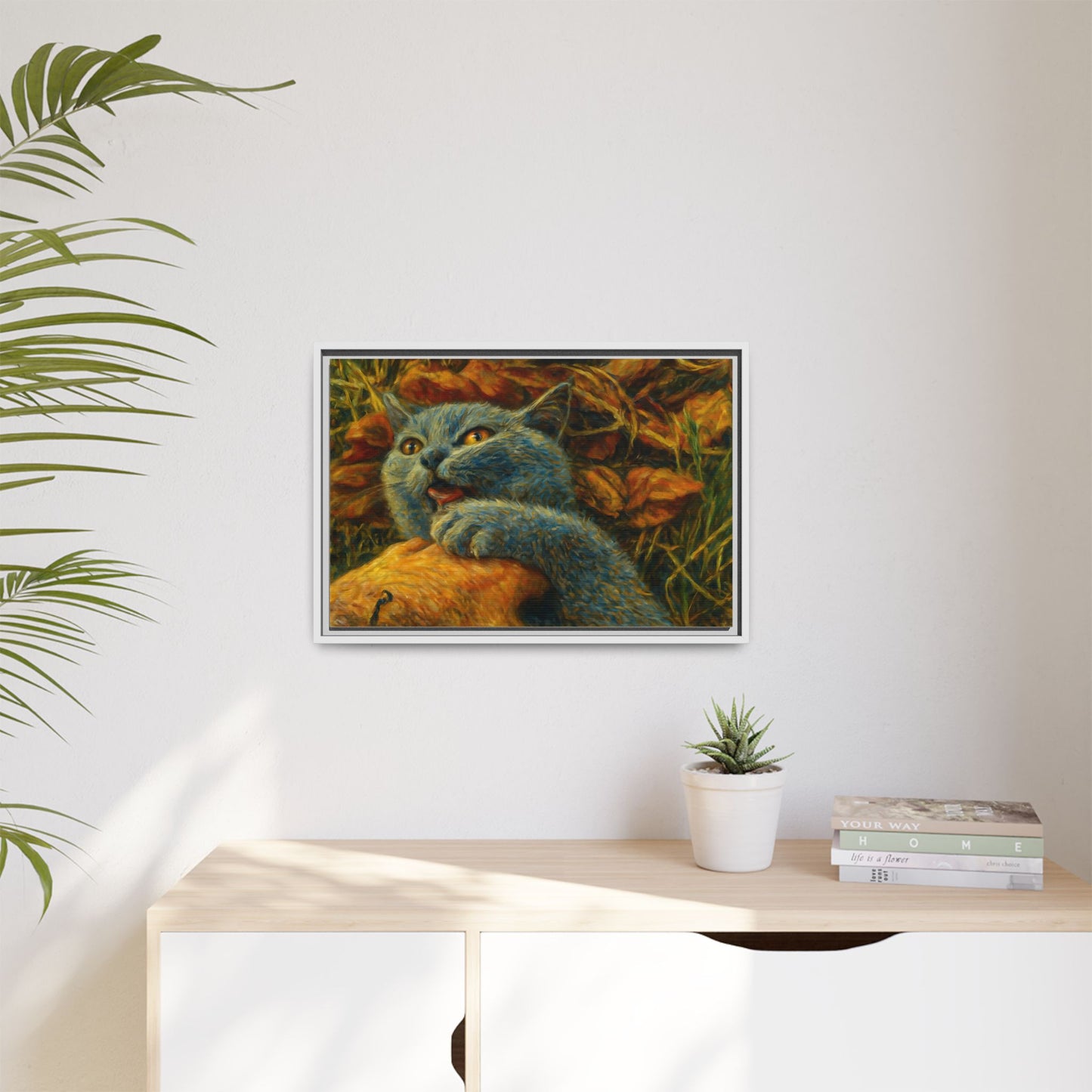 Whimsical Cat Wall Art, Blue Cat Framed Print, Colorful Canvas Decor, Pet Lover Gift, Funny Home Accent