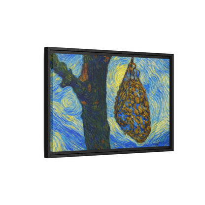 Framed Matte Canvas Art — Van Gogh-Style Swirling Night with Hanging Beehive