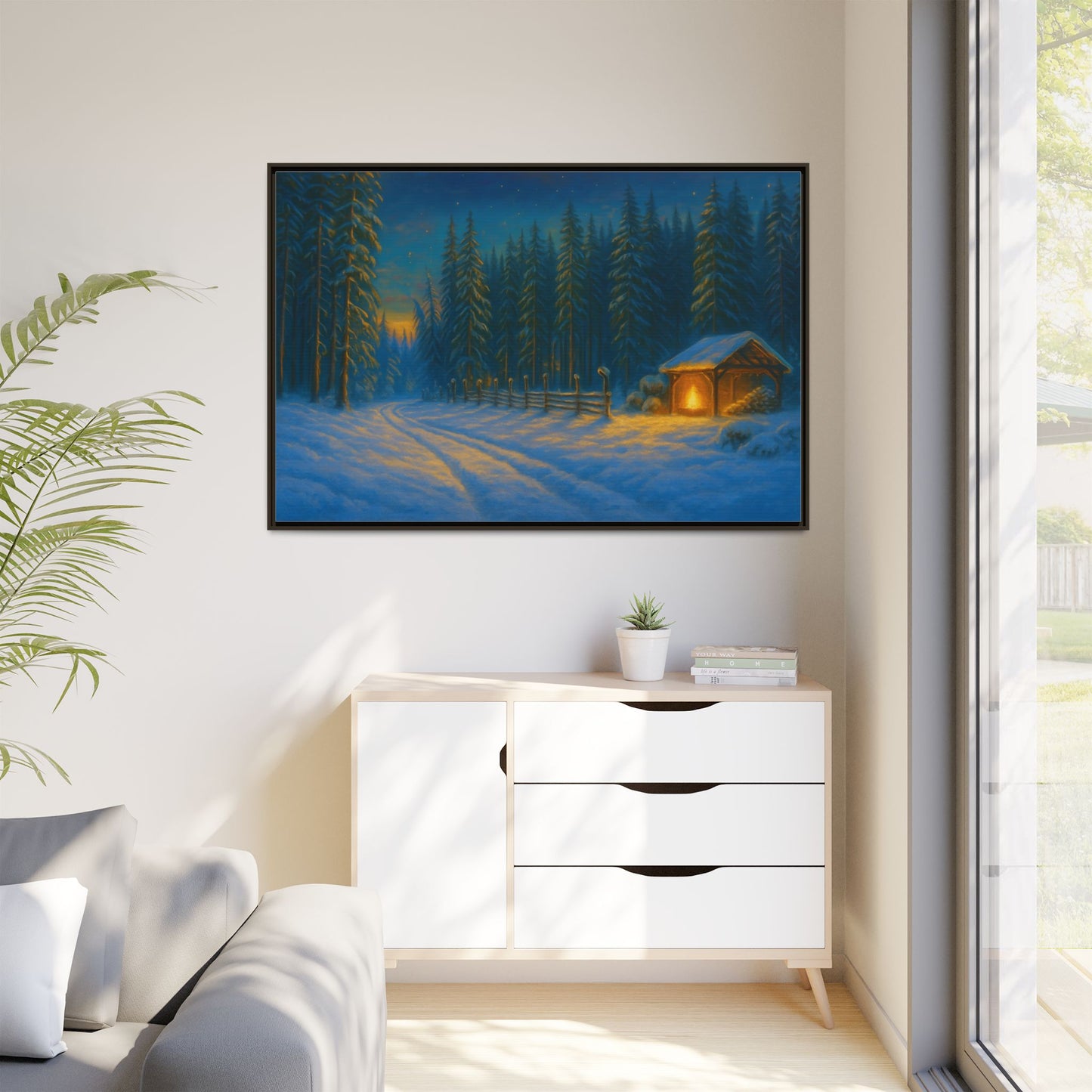 Framed Winter Landscape Canvas, Cozy Cabin Art, Christmas Decor, Winter Home Decor, Holiday Gift, Wall Art - TRV
