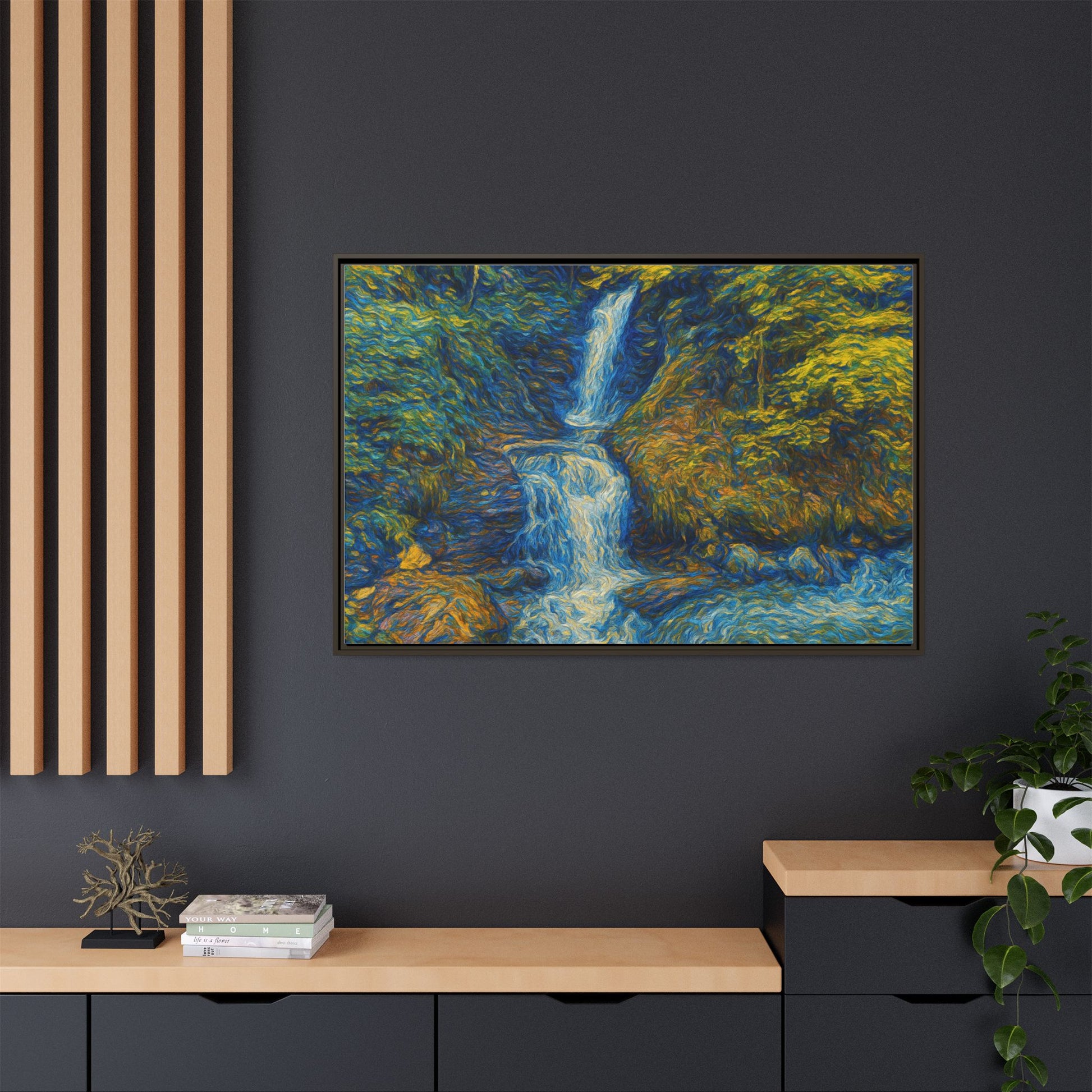 Framed Canvas Art, Majestic Van Gogh Style Waterfall Landscape Wall Decor, Nature Lover Gift, Home Office Artwork, Living Room Decoration - TRV