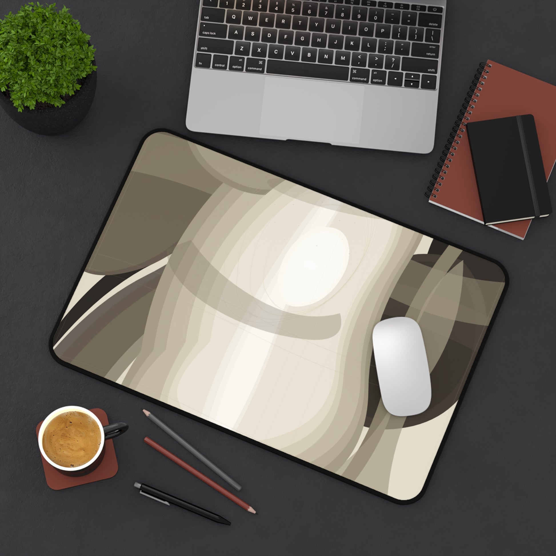 Abstract neutral waves desk mat by Printify featuring beige and brown tones, modern design, ideal for home decor and mousepad use.
