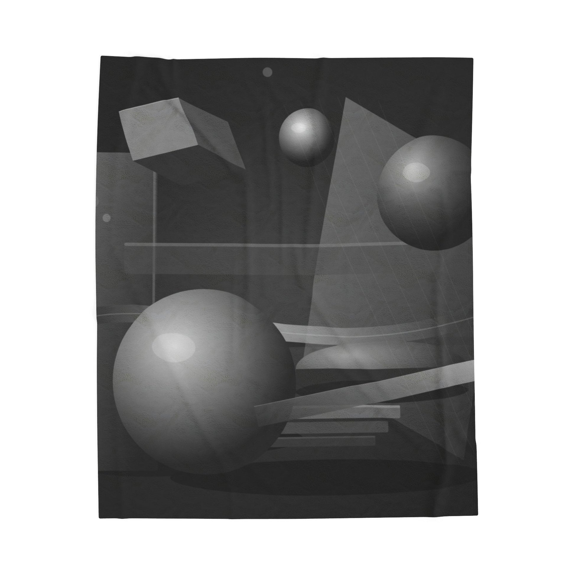 Velveteen plush blanket featuring 3D geometric spheres and abstract cube and sphere pattern in vibrant all-over print by Printify.