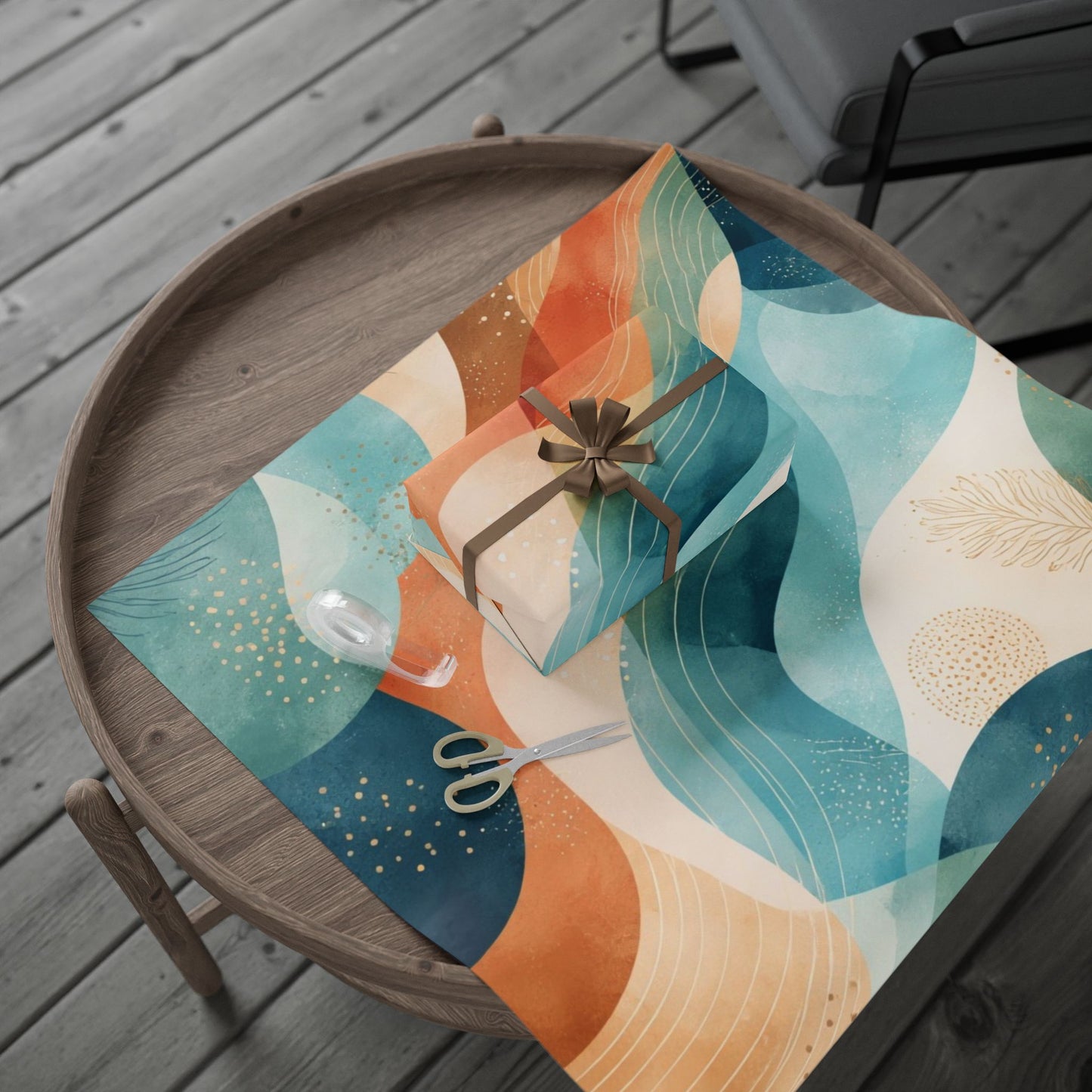 Abstract Wave Wrapping Paper Roll — Teal & Coral Modern Gift Wrap