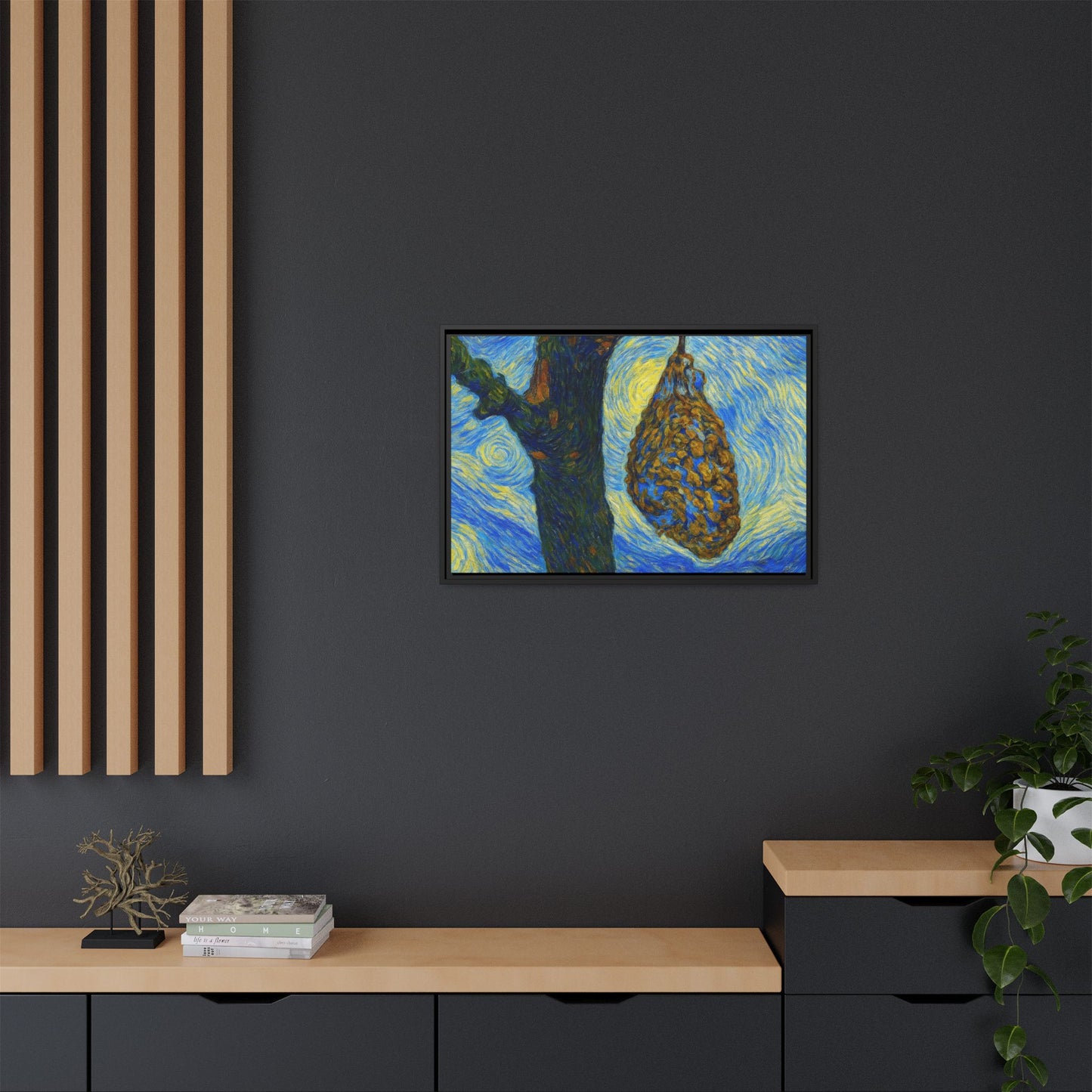 Framed Matte Canvas Art — Van Gogh-Style Swirling Night with Hanging Beehive