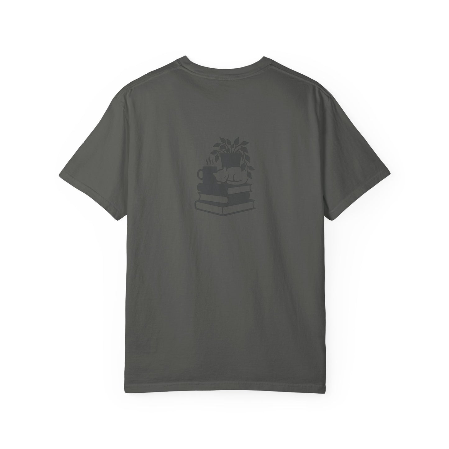 Cozy Cat on Books T-Shirt | Reading Tea Stack Illustration