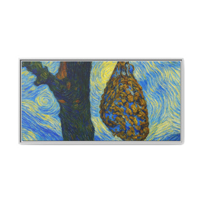 Framed Matte Canvas Art — Van Gogh-Style Swirling Night with Hanging Beehive